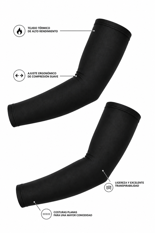 Infografía de características de los calentadores de brazos térmicos HeatCore: tejido térmico, ajuste ergonómico, ligereza y costuras planas