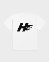Camiseta oversize HeatCore blanca con logo de la llama estampado en la espalda