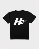 Camiseta oversize HeatCore negra con logo de la llama estampado en la espalda